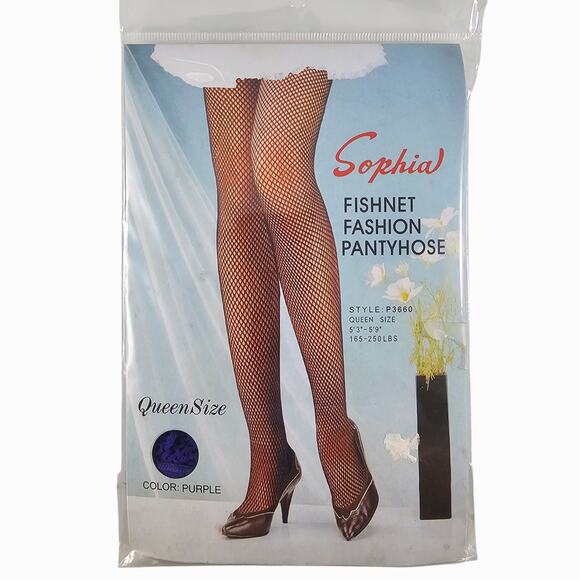 New Sophie Fishnet Pantyhose Queen Plus Size Purple Nylon Tights Lingerie - Picture 1 of 6